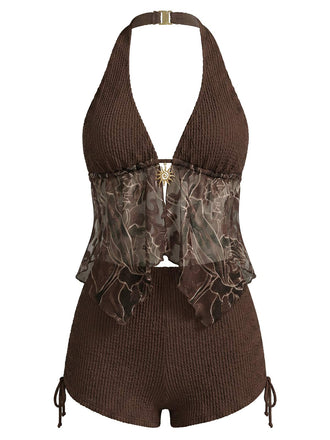 [Prevendita] Costume da Bagno Halter Trasparente Ricamato in Rete - Marrone Anni '60 2