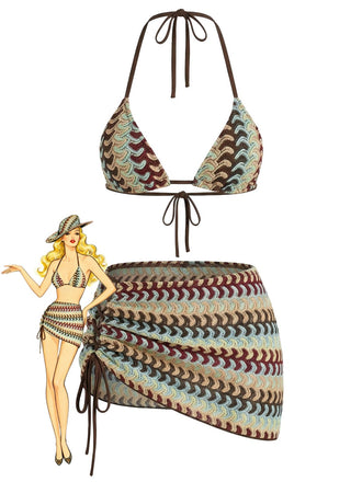 Boho con Allacciatura al Collo Set Bikini & Cover-Up Multicolore Anni '70