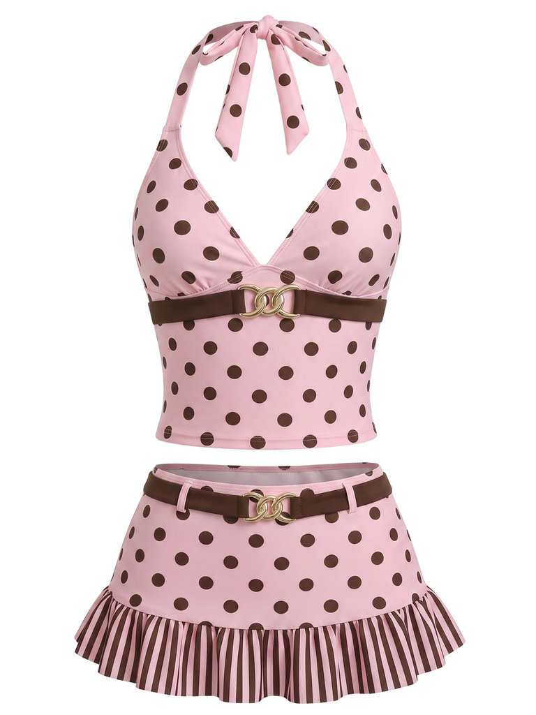 [Prevendita] Set Tankini Rosa Anni '50 a Pois Con Scollo All'americana