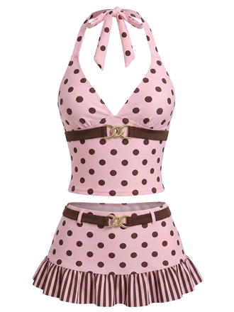 [Prevendita] Set Tankini Rosa Anni '50 a Pois Con Scollo All'americana
