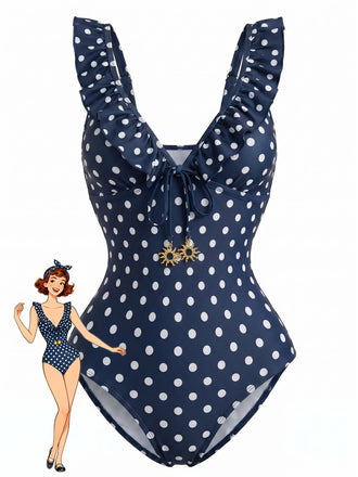 Costumi Intero Blu Scuro Anni '50 a Pois con Volant Scollo a V