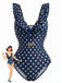 Costumi Intero Blu Scuro Anni '50 a Pois con Volant Scollo a V