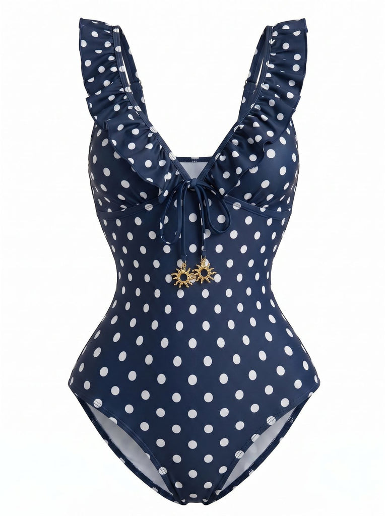Costumi Intero Blu Scuro Anni '50 a Pois con Volant Scollo a V