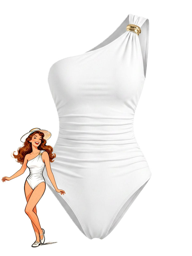 Costume Intero Bianco Monospalla Arricciato Anni '70