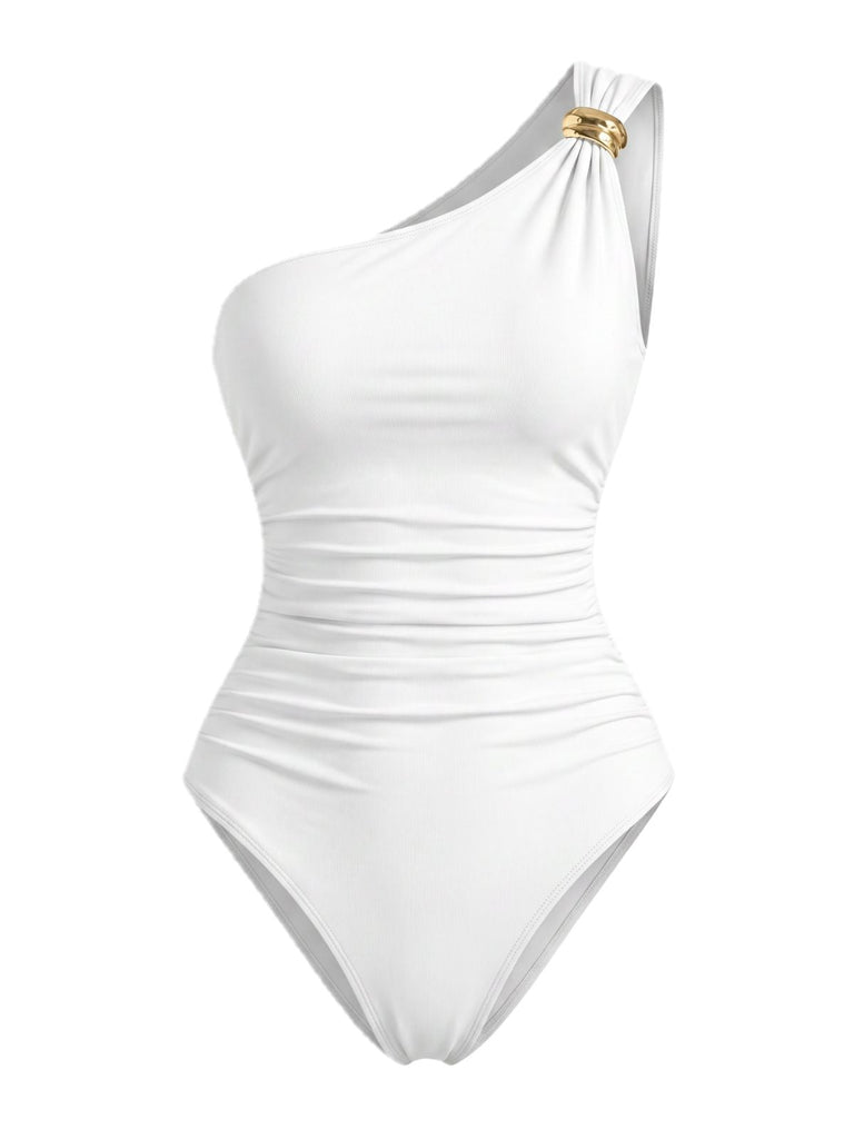 Costume Intero Bianco Monospalla Arricciato Anni '70 2