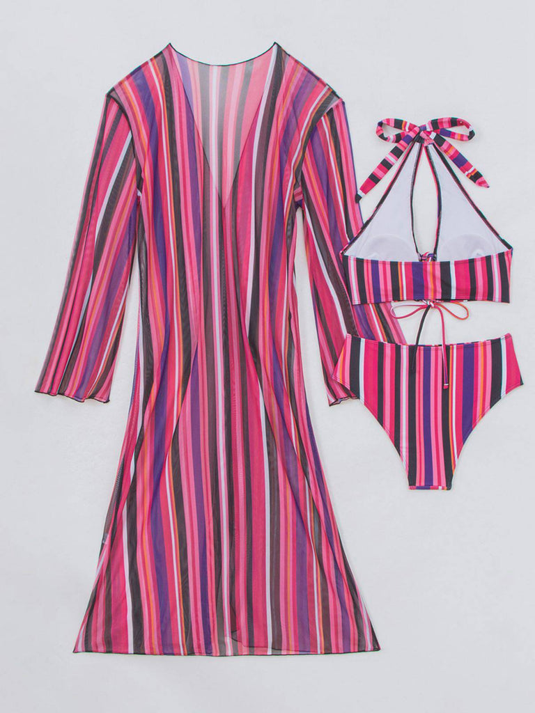Set Bikini Allacciato a Righe Verticali con Copricostume Anni '60