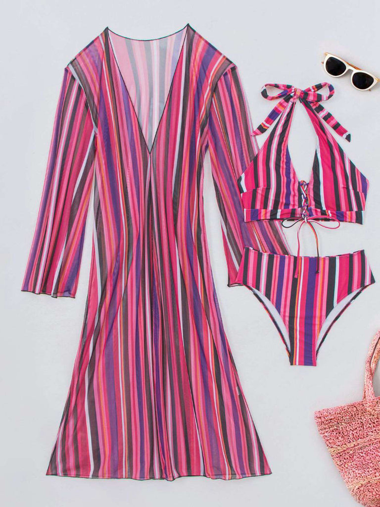 Set Bikini Allacciato a Righe Verticali con Copricostume Anni '60