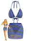 3PCS Set Bikini Blu Anni '60a Righe con Scollo All'americana e Copricostume