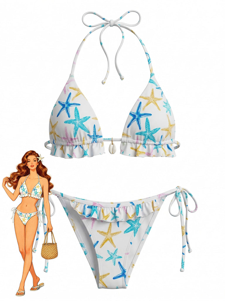 Set Bikini Blu con Stampa Stella Marina e Volant Anni '50