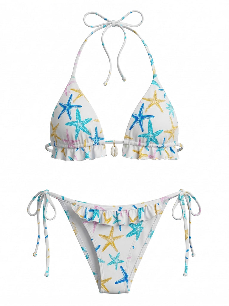 Set Bikini Blu con Stampa Stella Marina e Volant Anni '50 2