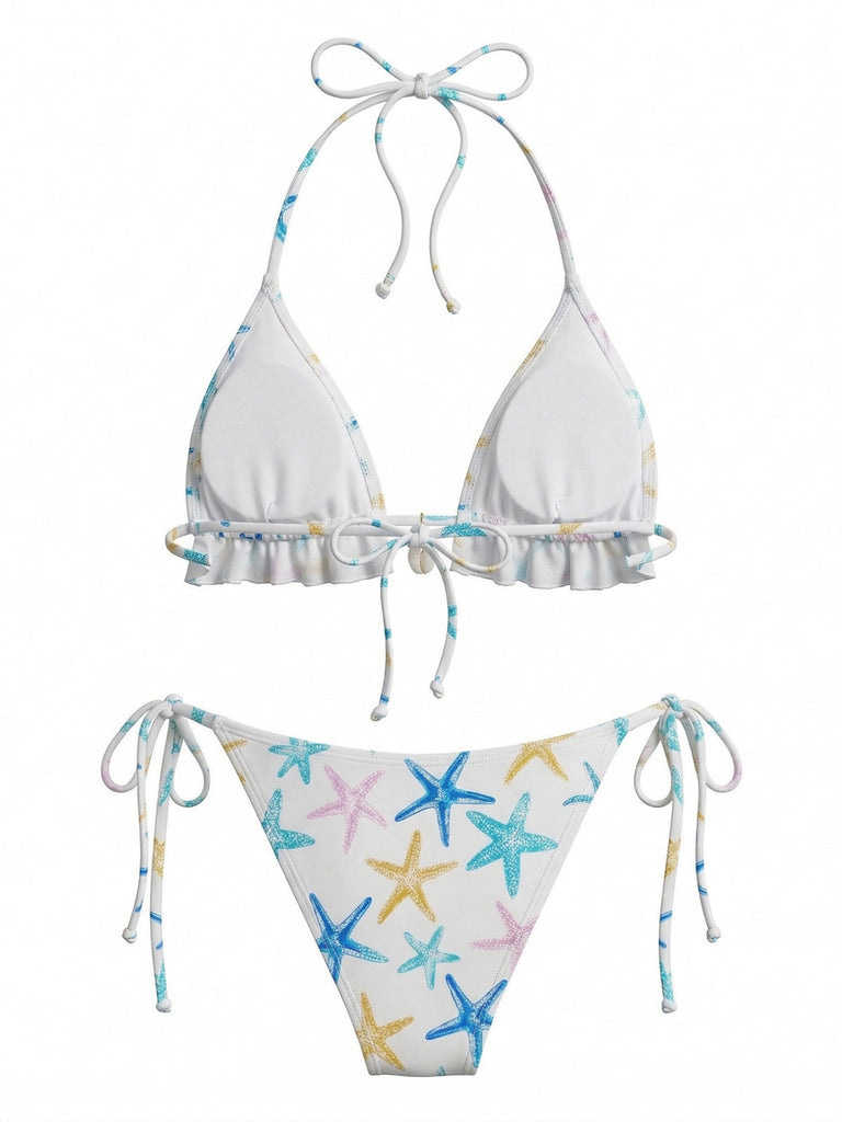 Set Bikini Blu con Stampa Stella Marina e Volant Anni '50 3