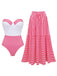 2PCS Costume Intero Rosa a Righe Senza Spalline e Copricostume Anni '40