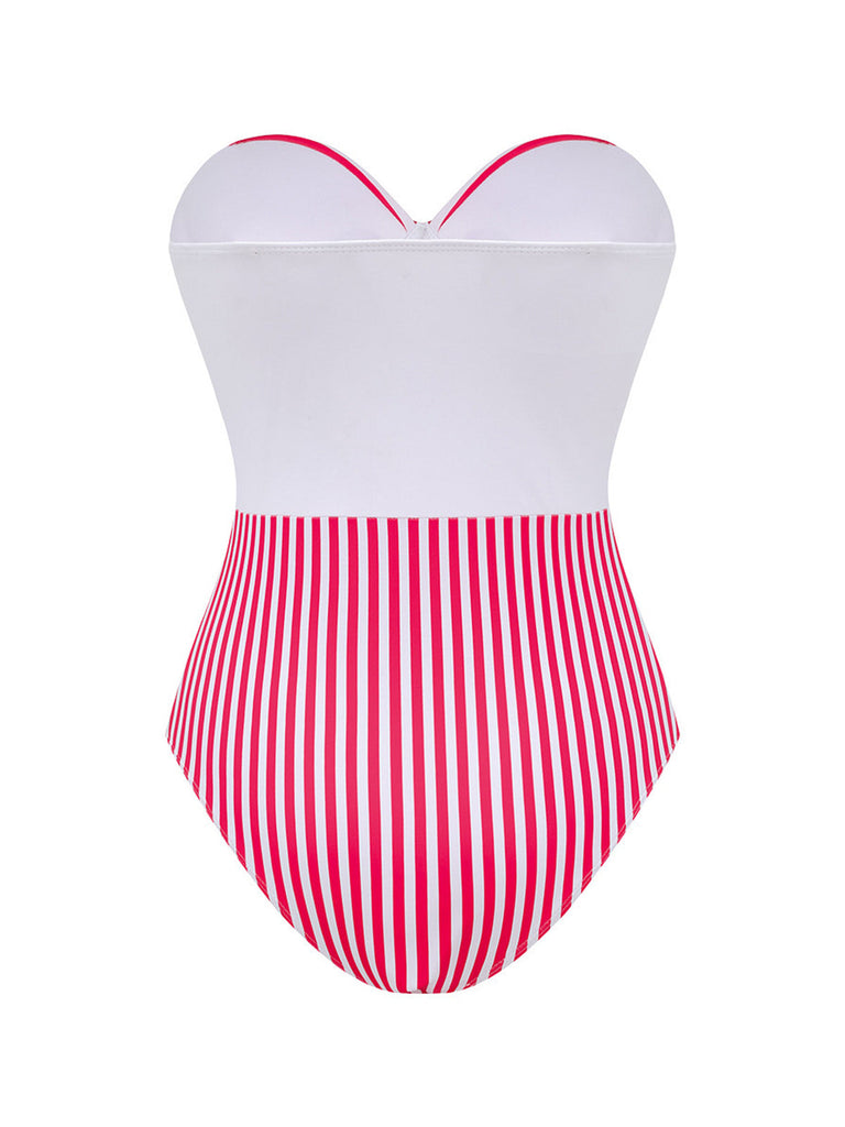 2PCS Costume Intero Rosa a Righe Senza Spalline e Copricostume Anni '40 3