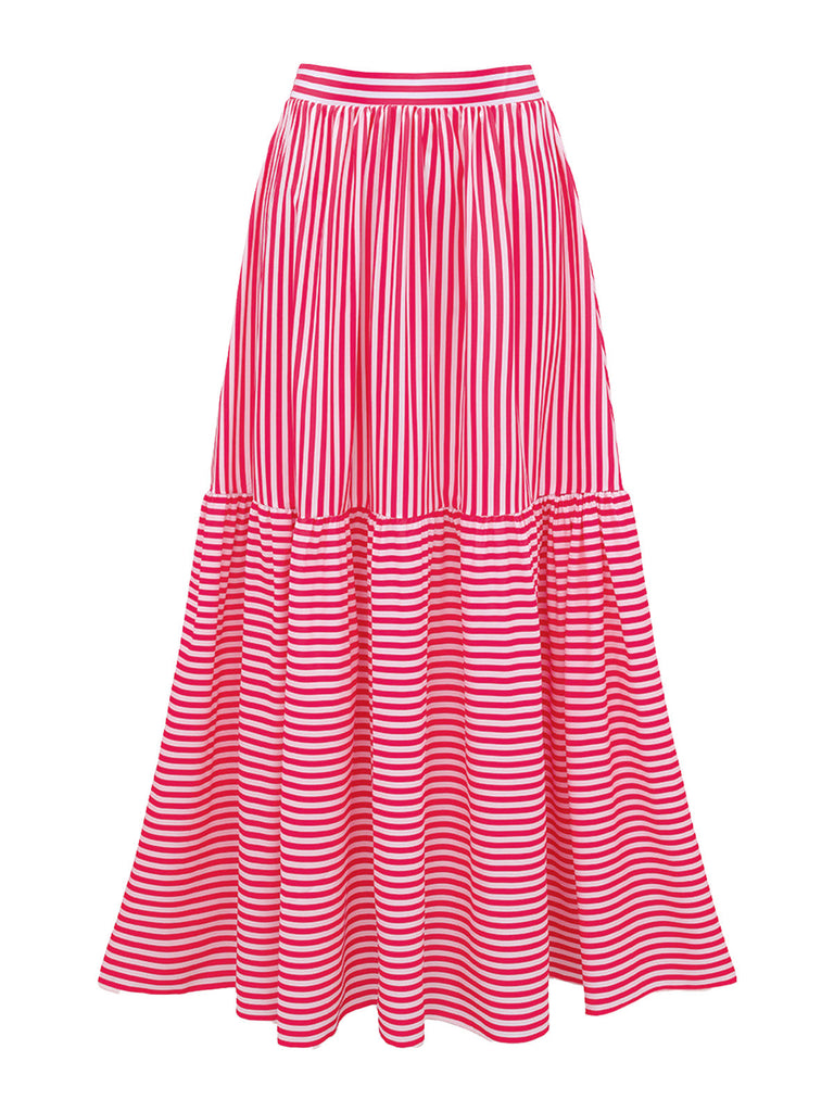 2PCS Costume Intero Rosa a Righe Senza Spalline e Copricostume Anni '40 4