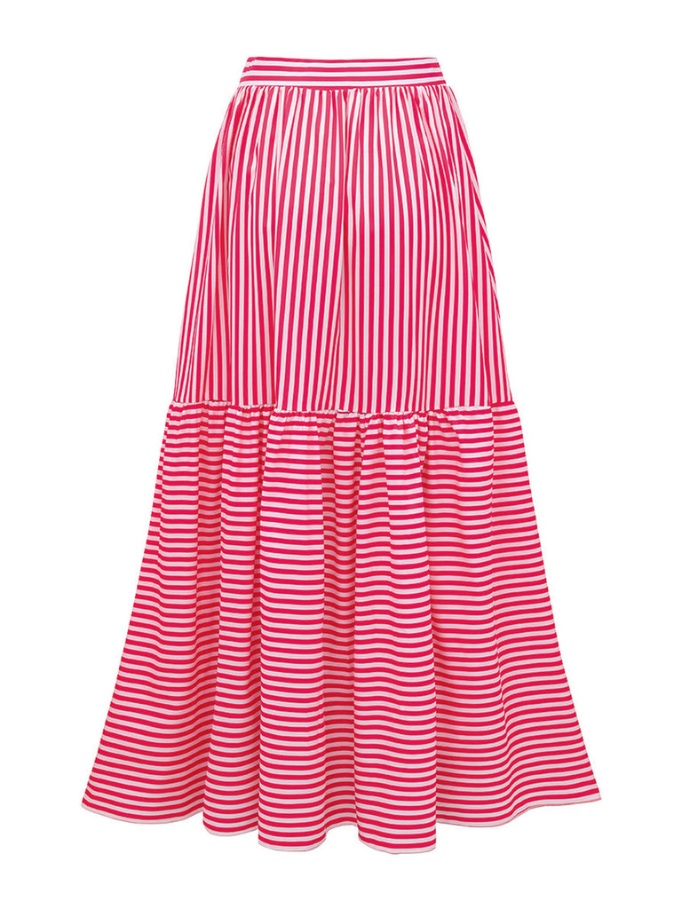 2PCS Costume Intero Rosa a Righe Senza Spalline e Copricostume Anni '40 5