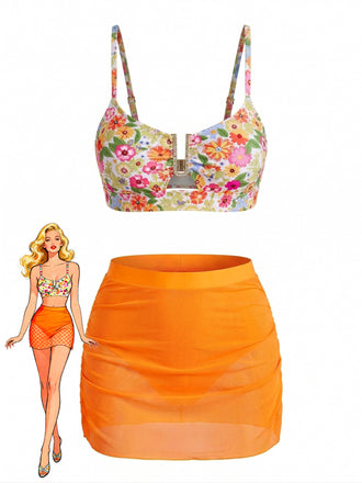 Set Tankini a Fiori con Fibbia a U in Metallo Vita Alta Anni '60