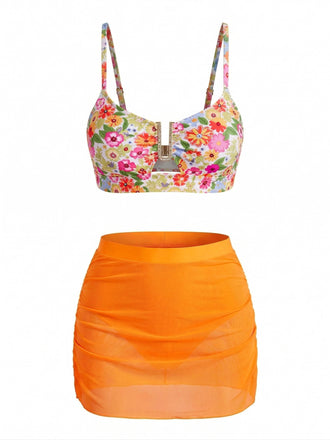 Set Tankini a Fiori con Fibbia a U in Metallo Vita Alta Anni '60