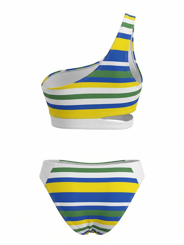 Set Bikini Blu a Righe Monospalla con Intaglio Anni '40 3
