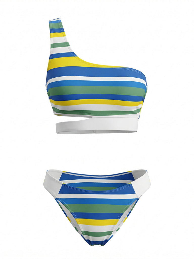 Set Bikini Blu a Righe Monospalla con Intaglio Anni '40 2