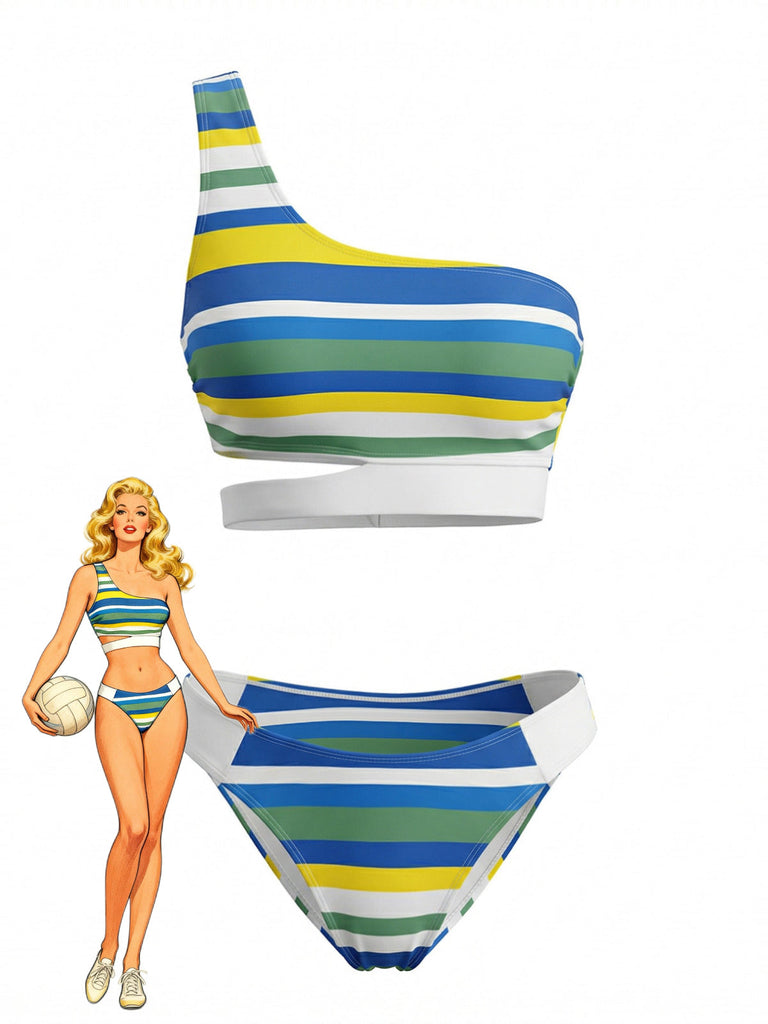Set Bikini Blu a Righe Monospalla con Intaglio Anni '40
