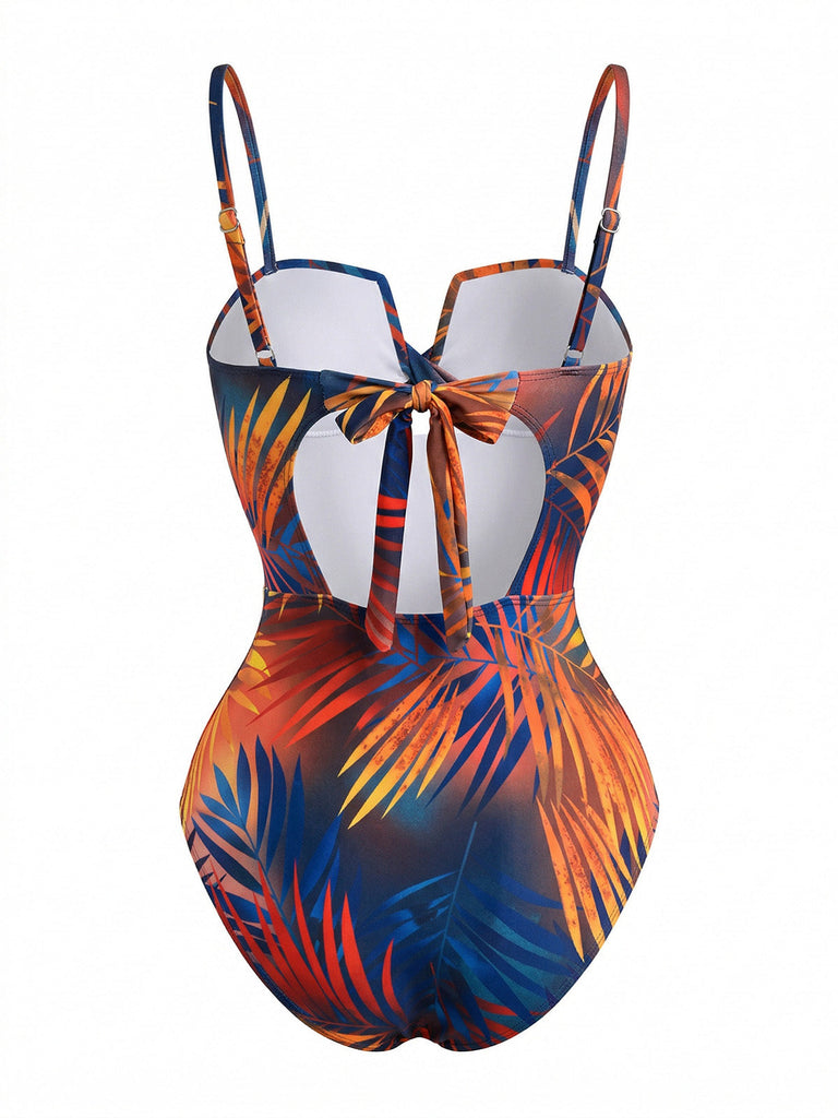 Costume da Bagno Drappeggio Anteriore Tropicale Leaf con Stampa Anni '50 2