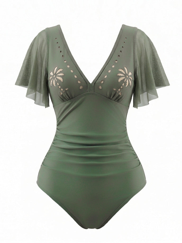 Costume con Scollo a V e Manica a Volant con Palme Anni '50