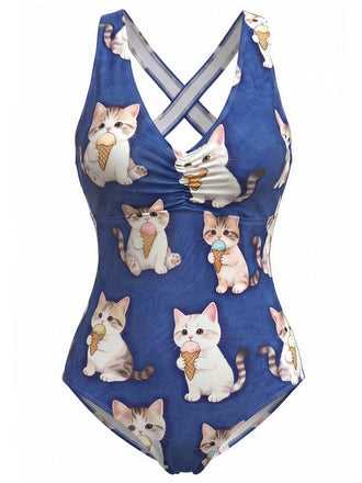 [Prevendita] Costume Intero con Stampa Gatto e Gelato Incrociato Anni '60