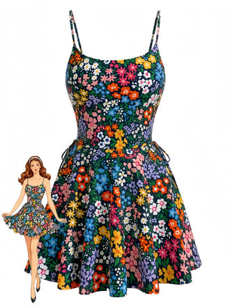Set Tankini Multicolore Anni '40 Floreale Scollo a U