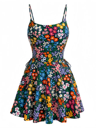 Set Tankini Multicolore Anni '40 Floreale Scollo a U
