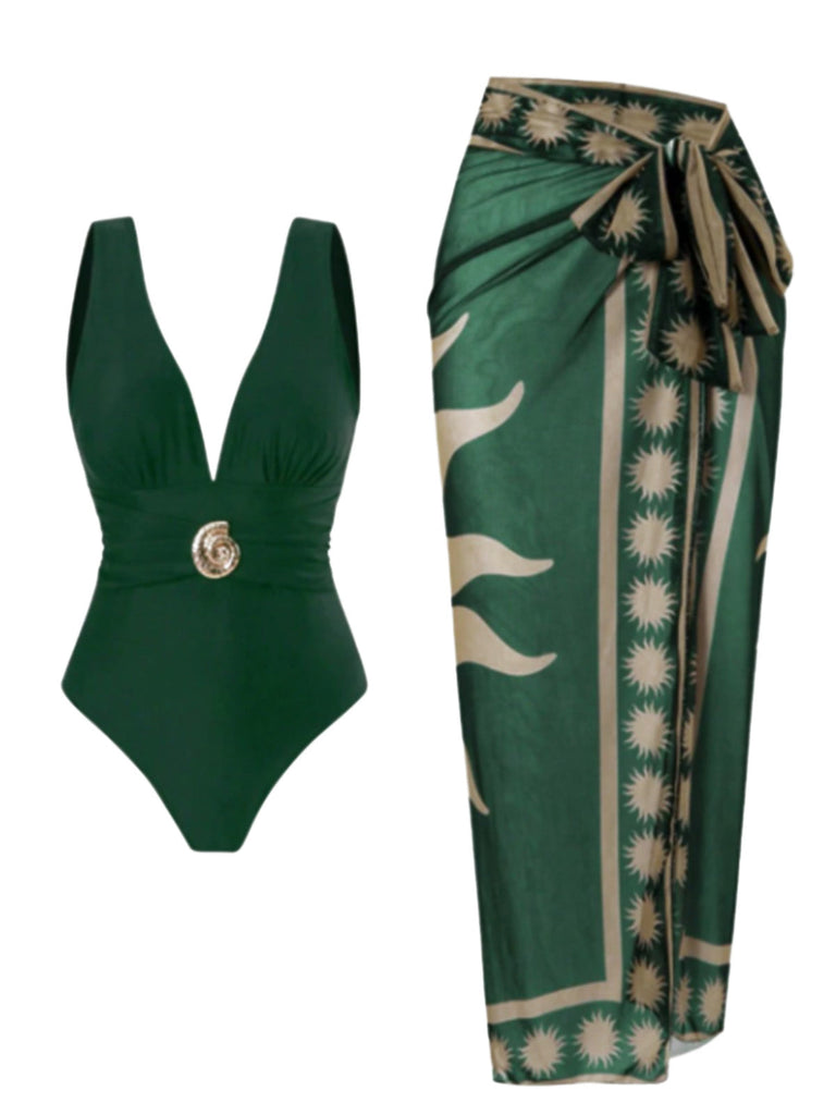 Costume Intero Verde con Scollo Profondo e Copricostume in Rete Anni '50