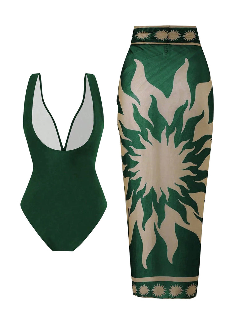 Costume Intero Verde con Scollo Profondo e Copricostume in Rete Anni '50 2