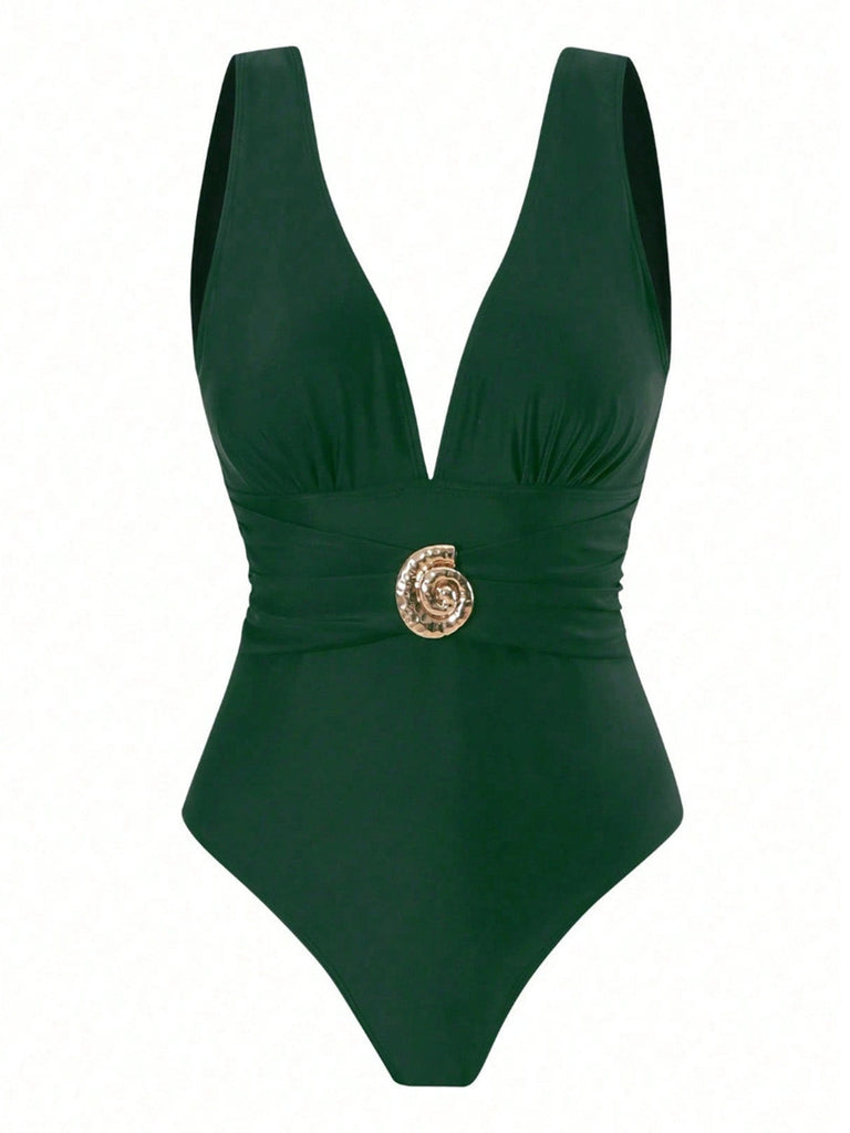 Costume Intero Verde con Scollo Profondo e Copricostume in Rete Anni '50 3