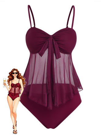 Costume da Bagno in Rete Vita Alta con Fiocco Tie Anni '50