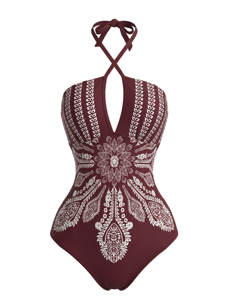 Costume Intero Rosso Mandala Incrociato Boho Anni '70