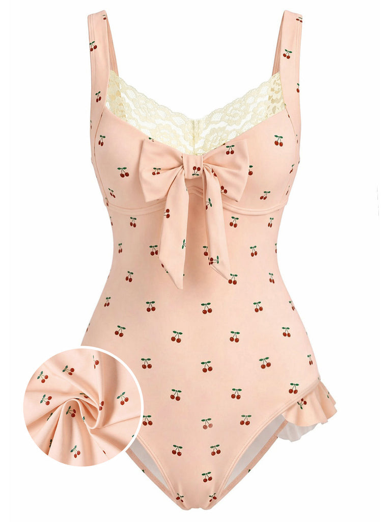 Costumi Intero Rosa Anni '50  in Pizzo con Ciliegia e Fiocco
