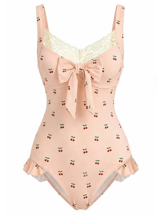 Costumi Intero Rosa Anni '50  in Pizzo con Ciliegia e Fiocco