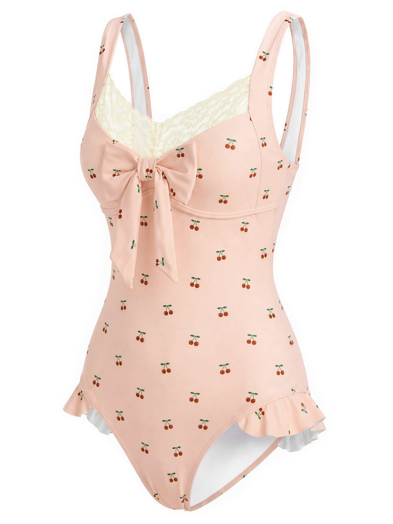 Costumi Intero Rosa Anni '50  in Pizzo con Ciliegia e Fiocco