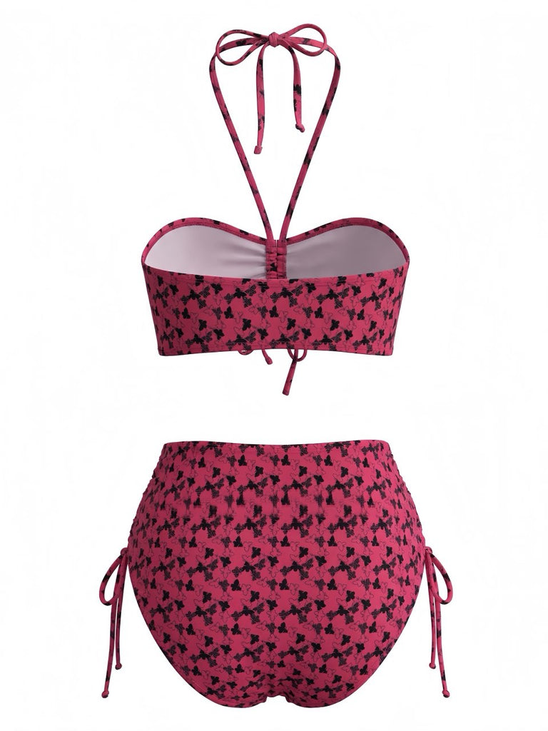Costume da Bagno con Farfalle Halter - Rosso Rosa Anni '40 3