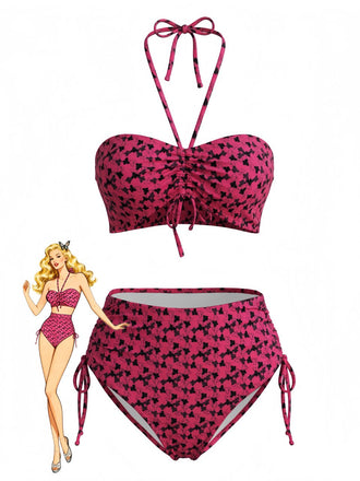 Costume da Bagno con Farfalle Halter - Rosso Rosa Anni '40