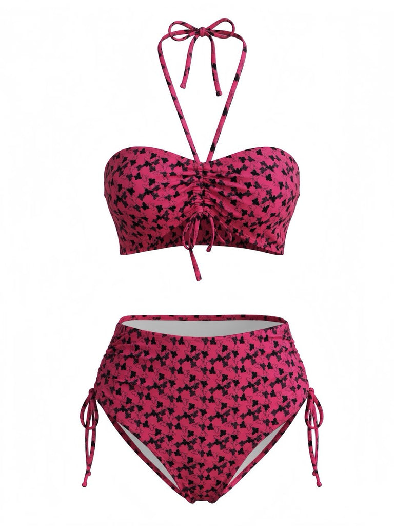 Costume da Bagno con Farfalle Halter - Rosso Rosa Anni '40 2