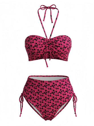 Costume da Bagno con Farfalle Halter - Rosso Rosa Anni '40 2