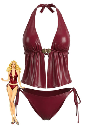 Costume da Bagno Finto Leather Halter con Conchiglie - Rosso Anni '40