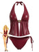 Costume da Bagno Finto Leather Halter con Conchiglie - Rosso Anni '40
