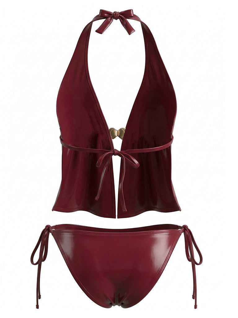 Costume da Bagno Finto Leather Halter con Conchiglie - Rosso Anni '40 3