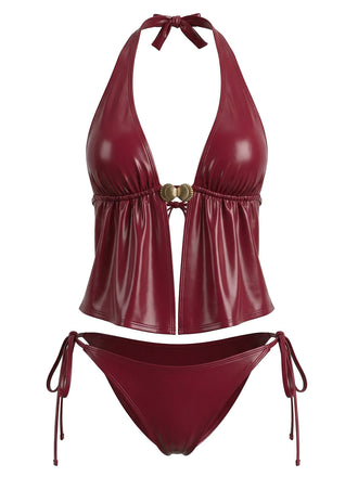Costume da Bagno Finto Leather Halter con Conchiglie - Rosso Anni '40 2