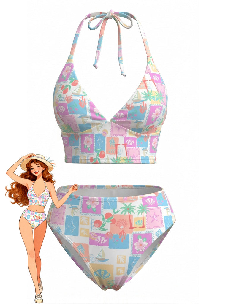Set Bikini Rosa Floreale a Quadri con Scollo a V Anni '60