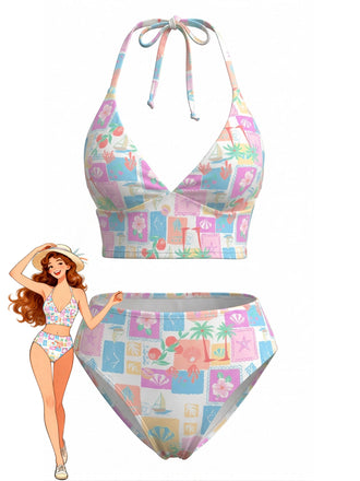 Set Bikini Rosa Floreale a Quadri con Scollo a V Anni '60
