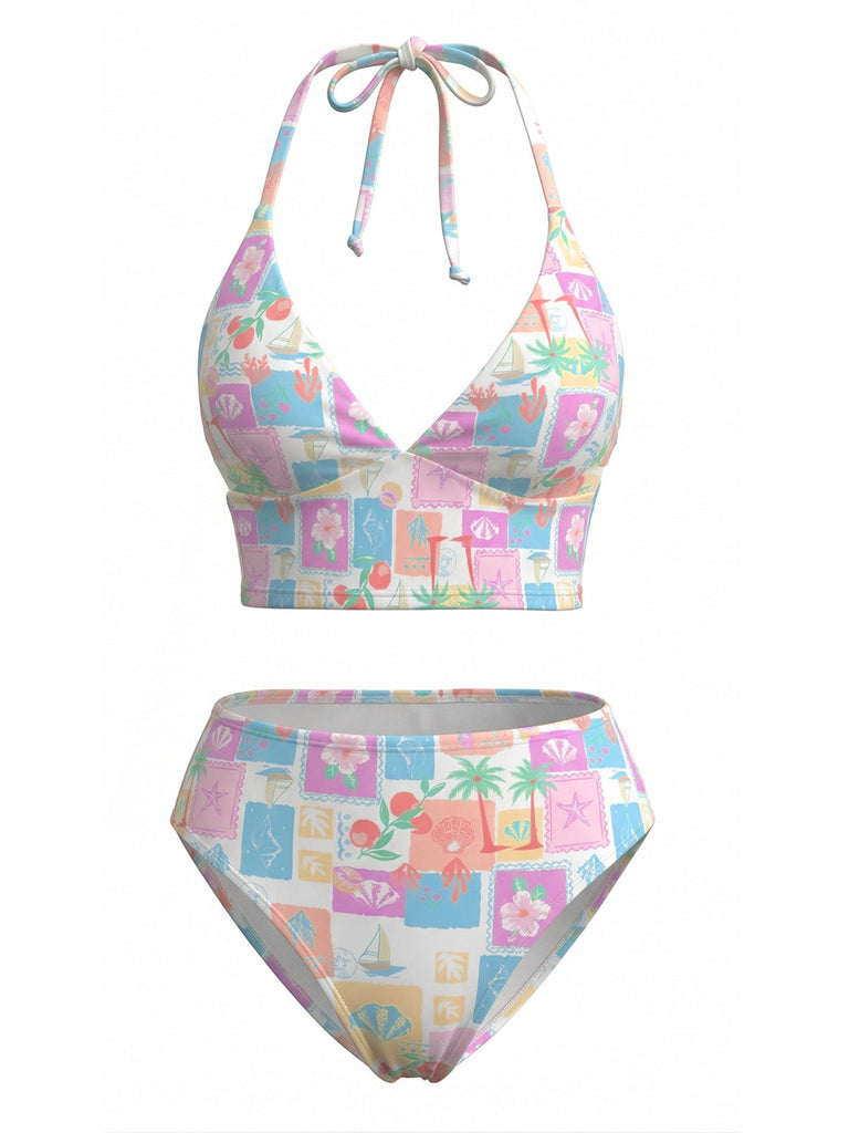 Set Bikini Rosa Floreale a Quadri con Scollo a V Anni '60 2
