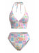 Set Bikini Rosa Floreale a Quadri con Scollo a V Anni '60 2