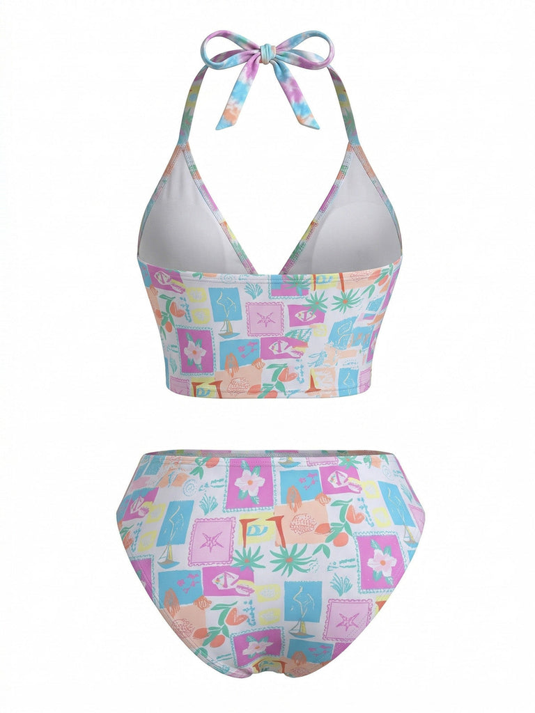 Set Bikini Rosa Floreale a Quadri con Scollo a V Anni '60 3